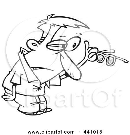 Royalty-Free (RF) Clip Art Illustration of a Cartoon Black And White Outline Design Of A Man Inspecting His Dirty Glasses by toonaday