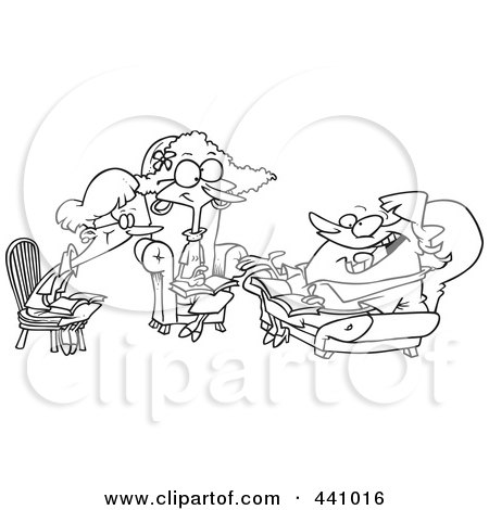 Royalty-Free (RF) Clip Art Illustration of a Cartoon Black And White Outline Design Of Women Talking During A Book Club Meeting by toonaday