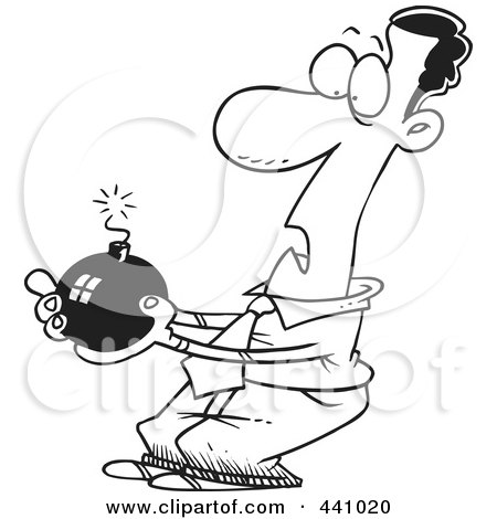 Royalty-Free (RF) Clip Art Illustration of a Cartoon Black And White Outline Design Of A Black Businessman Holding A Bomb by toonaday