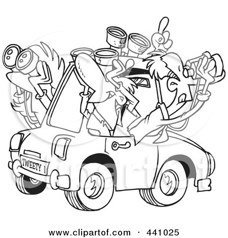 Royalty-Free (RF) Clip Art Illustration of a Cartoon Black And White Outline Design Of A Group Of Birders Using Binoculars In A Car by toonaday