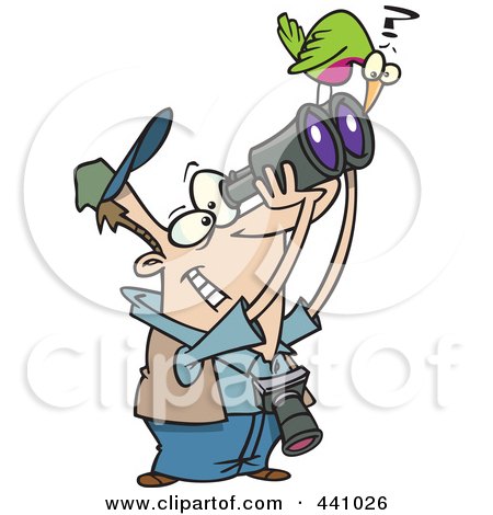 Royalty-Free (RF) Clip Art Illustration of a Cartoon Bird Sitting On A Mans Binoculars by toonaday