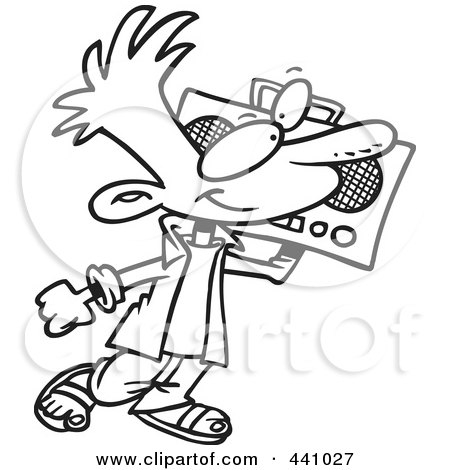 Royalty-Free (RF) Clip Art Illustration of a Cartoon Black And White Outline Design Of A Boy Carrying A Boom Box by toonaday