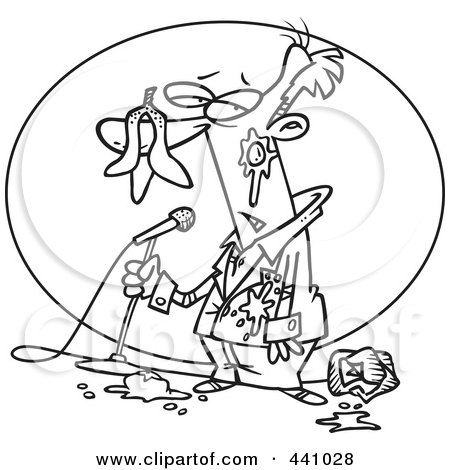 Royalty-Free (RF) Clip Art Illustration of a Cartoon Black And White Outline Design Of A Comedian Being Bombed With Food by toonaday