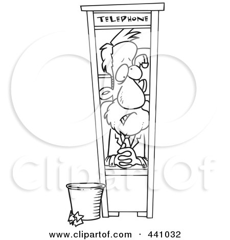 Royalty-Free (RF) Clip Art Illustration of a Cartoon Black And White Outline Design Of A Businessman Working In A Tiny Telephone Booth by toonaday