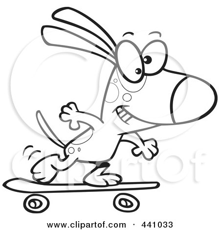 Royalty-Free (RF) Clip Art Illustration of a Cartoon Black And White Outline Design Of A Dog Skateboarding by toonaday