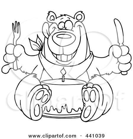 Royalty-Free (RF) Clip Art Illustration of a Cartoon Black And White Outline Design Of A Birthday Bear Eating Cake by toonaday