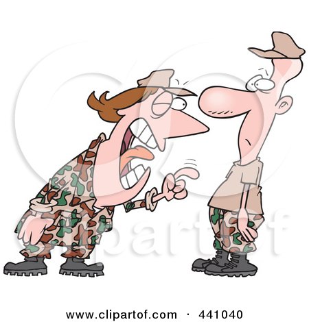 Royalty-Free (RF) Clip Art Illustration of a Cartoon Woman Yelling At A Military Man In Boot Camp by toonaday