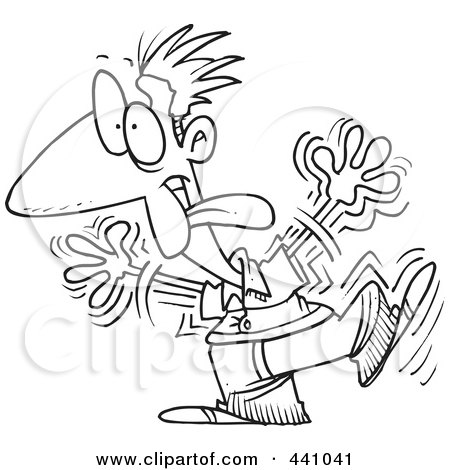 Royalty-Free (RF) Clip Art Illustration of a Cartoon Black And White Outline Design Of A Goofy Man Shaking by toonaday