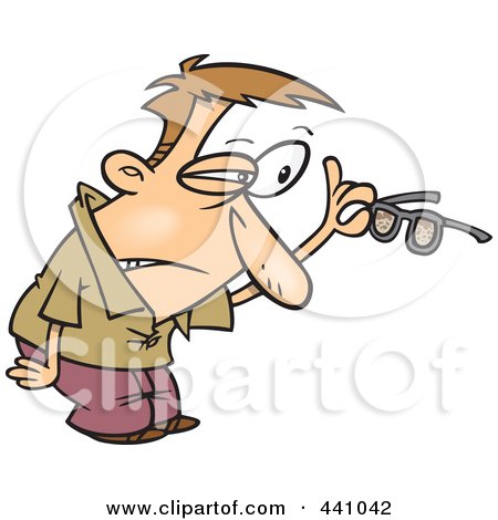 Royalty-Free (RF) Clip Art Illustration of a Cartoon Man Inspecting His Dirty Glasses by toonaday