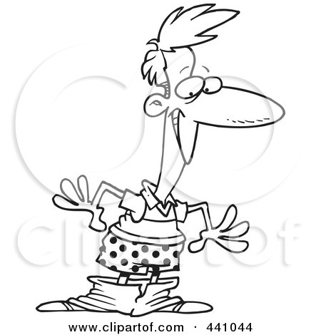 Royalty-Free (RF) Clip Art Illustration of a Cartoon Black And White Outline Design Of A Man Blushing After His Pants Fall Down by toonaday
