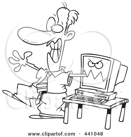 Royalty-Free (RF) Clip Art Illustration of a Cartoon Black And White Outline Design Of A Computer Biting A Businessman's Arm by toonaday