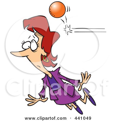 Royalty-Free (RF) Clip Art Illustration of a Cartoon Ball Knocking Out A Businesswoman by toonaday