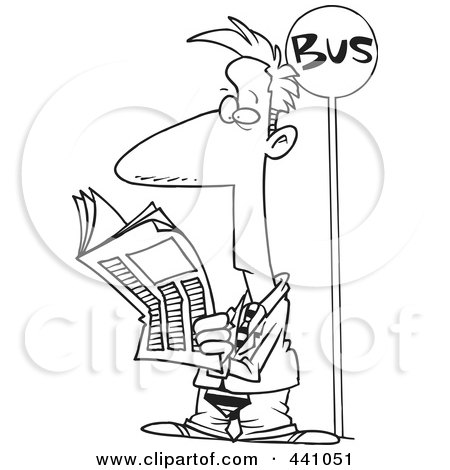 Royalty-Free (RF) Clip Art Illustration of a Cartoon Black And White Outline Design Of A Businessman Reading The Newspaper At A Bus Stop by toonaday