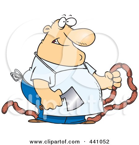 Royalty-Free (RF) Clip Art Illustration of a Cartoon Chubby Butcher Holding Sausage Links by toonaday