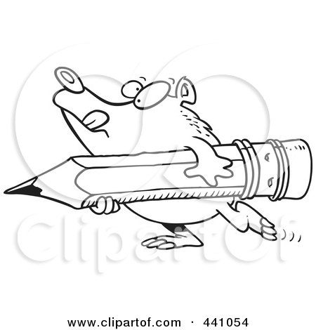 Royalty-Free (RF) Clip Art Illustration of a Cartoon Black And White Outline Design Of A Bear Carrying A Pencil by toonaday