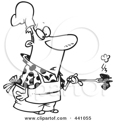 Royalty-Free (RF) Clip Art Illustration of a Cartoon Black And White Outline Design Of A Cook Holding A Burnt Piece Of Meat by toonaday
