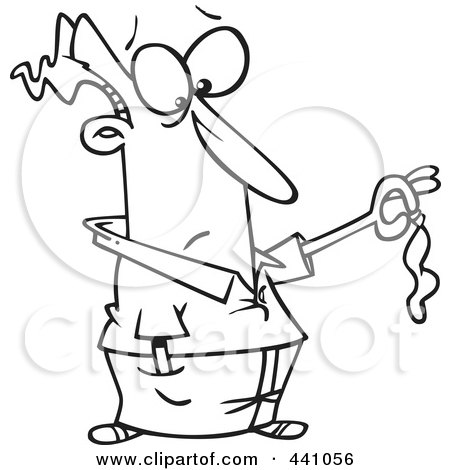 Royalty-Free (RF) Clip Art Illustration of a Cartoon Black And White Outline Design Of A Man Holding A Burst Balloon by toonaday