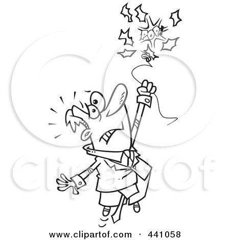 Royalty-Free (RF) Clip Art Illustration of a Cartoon Black And White Outline Design Of A Businessman Holding Onto A Bursting Balloon by toonaday