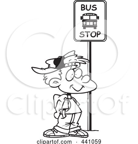 Royalty-Free (RF) Clip Art Illustration of a Cartoon Black And White Outline Design Of A Boy Waiting At A School Bus Stop by toonaday