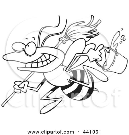 Royalty-Free (RF) Clip Art Illustration of a Cartoon Black And White Outline Design Of A Busy Janitorial Bee by toonaday