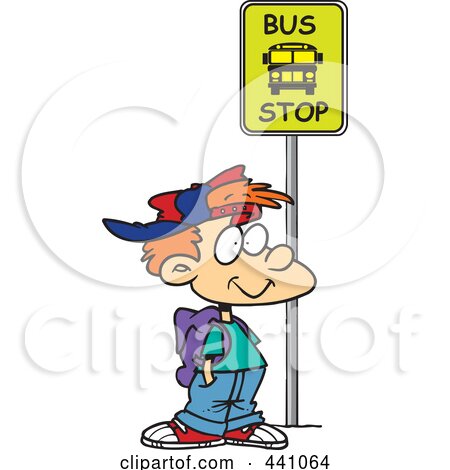 Royalty-Free (RF) Clip Art Illustration of a Cartoon Boy Waiting At A School Bus Stop by toonaday