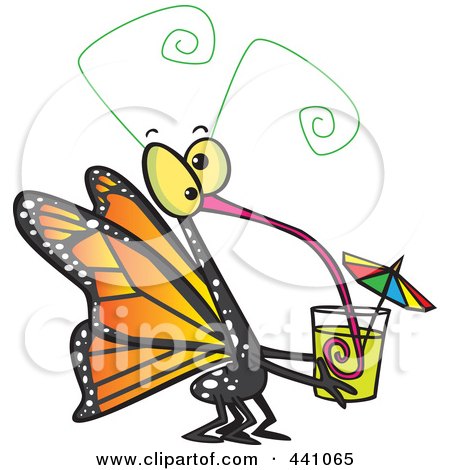 Royalty-Free (RF) Clip Art Illustration of a Cartoon Butterfly Sucking Nectar Out Of A Cup by toonaday