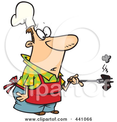 Royalty-Free (RF) Clip Art Illustration of a Cartoon Cook Holding A Burnt Piece Of Meat by toonaday