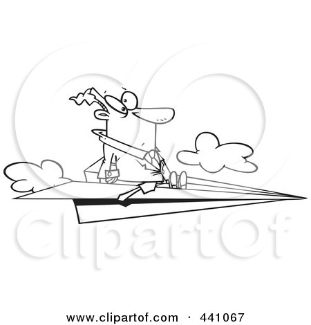 Royalty-Free (RF) Clip Art Illustration of a Cartoon Black And White Outline Design Of A Businessman Flying On A Paper Airplane by toonaday