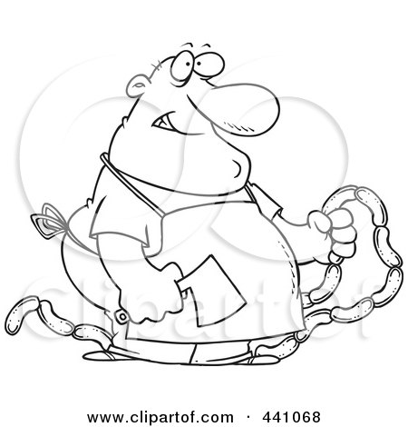 Royalty-Free (RF) Clip Art Illustration of a Cartoon Black And White Outline Design Of A Chubby Butcher Holding Sausage Links by toonaday