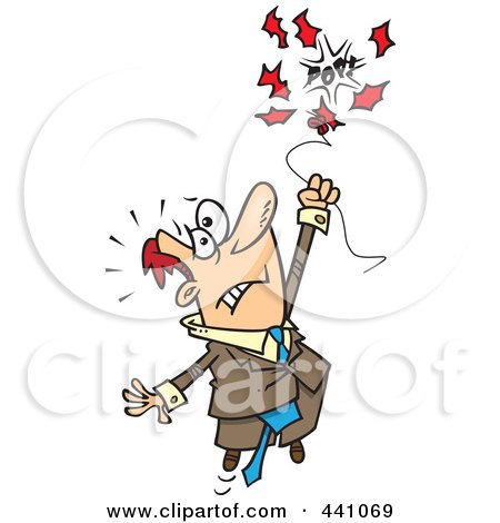 Royalty-Free (RF) Clip Art Illustration of a Cartoon Businessman Holding Onto A Bursting Balloon by toonaday