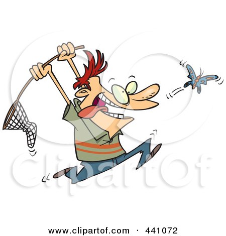 Royalty-Free (RF) Clip Art Illustration of a Cartoon Man Chasing A Butterfly With A Net by toonaday