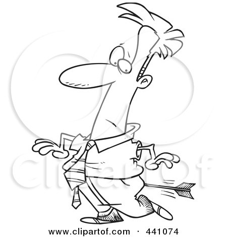 Royalty-Free (RF) Clip Art Illustration of a Cartoon Black And White Outline Design Of A Businessman Being Shot In The Butt With An Arrow by toonaday
