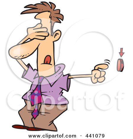 Royalty-Free (RF) Clip Art Illustration of a Cartoon Businessman Covering His Eyes And Pushing A Button by toonaday