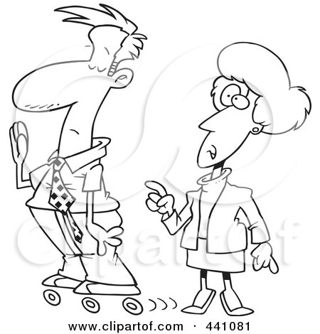 Royalty-Free (RF) Clip Art Illustration of a Cartoon Black And White Outline Design Of A Busy Businessman Rollerskating Past His Boss by toonaday