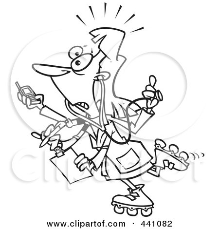 Royalty-Free (RF) Clip Art Illustration of a Cartoon Black And White Outline Design Of A Multi Tasking Female Doctor On Roller Blades by toonaday