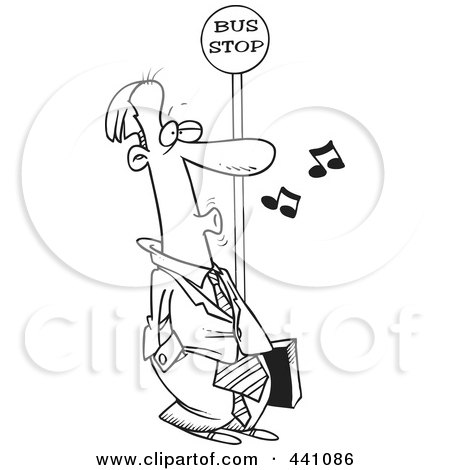 Royalty-Free (RF) Clip Art Illustration of a Cartoon Black And White Outline Design Of A Businessman Whistling At A Bus Stop by toonaday