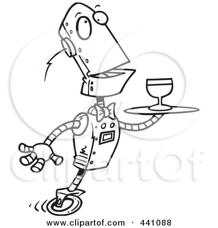 Royalty-Free (RF) Clip Art Illustration of a Cartoon Black And White Outline Design Of A Butler Robot Serving Wine by toonaday