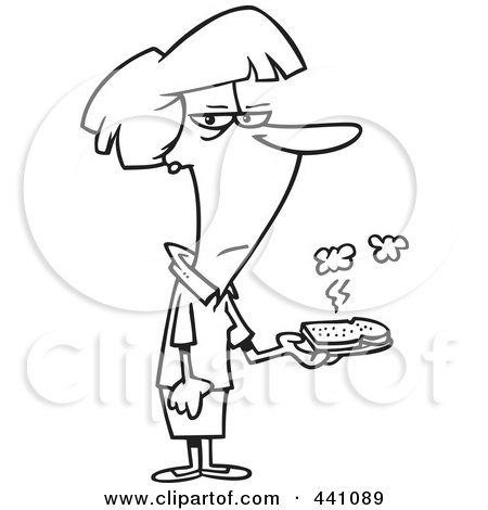 Royalty-Free (RF) Clip Art Illustration of a Cartoon Black And White Outline Design Of A Woman Holding A Burnt Piece Of Toast by toonaday