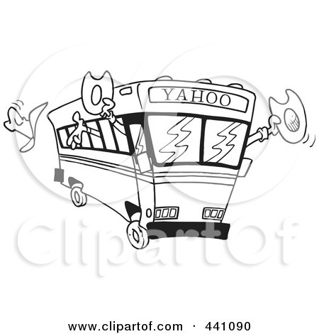 Royalty-Free (RF) Clip Art Illustration of a Cartoon Black And White Outline Design Of A Yahoo Bus Loaded With Cowboys by toonaday