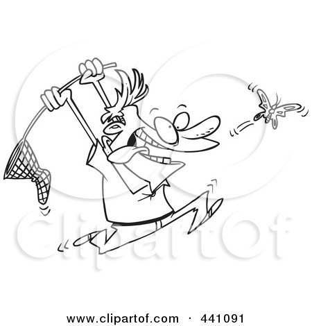 Royalty-Free (RF) Clip Art Illustration of a Cartoon Black And White Outline Design Of A Man Chasing A Butterfly With A Net by toonaday