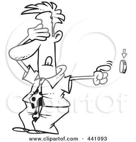 Royalty-Free (RF) Clip Art Illustration of a Cartoon Black And White Outline Design Of A Businessman Covering His Eyes And Pushing A Button by toonaday