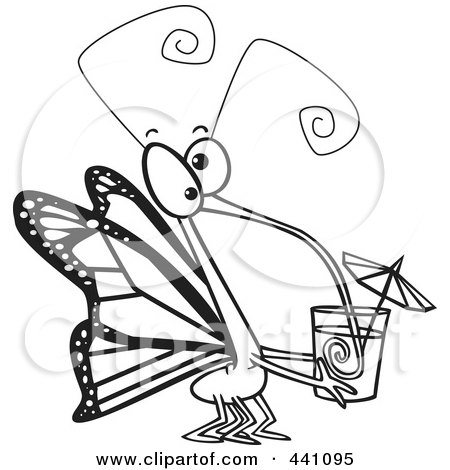 Royalty-Free (RF) Clip Art Illustration of a Cartoon Black And White Outline Design Of A Butterfly Sucking Nectar Out Of A Cup by toonaday