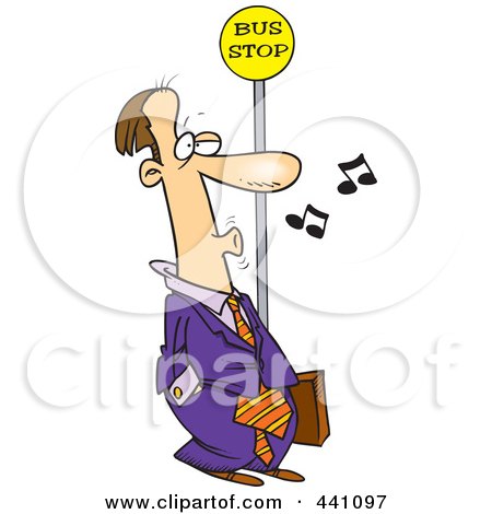 Royalty-Free (RF) Clip Art Illustration of a Cartoon Businessman Whistling At A Bus Stop by toonaday