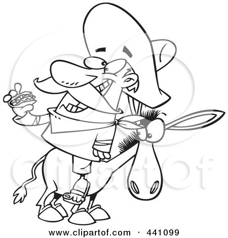 Royalty-Free (RF) Clip Art Illustration of a Cartoon Black And White Outline Design Of A Mexican Man Eating A Taco On A Burro by toonaday