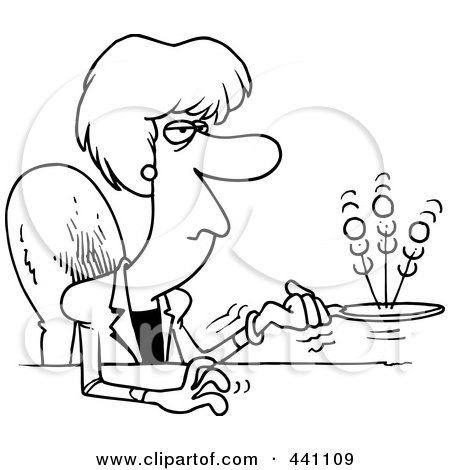 Royalty-Free (RF) Clip Art Illustration of a Cartoon Black And White Outline Design Of A Bored Businesswoman Playing With A Ball And Paddle by toonaday