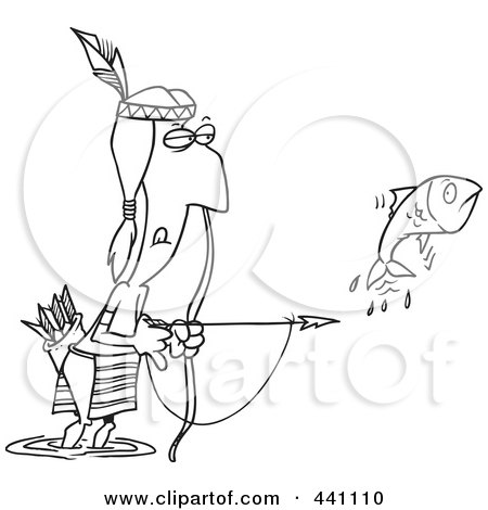 Royalty-Free (RF) Clip Art Illustration of a Cartoon Black And White Outline Design Of A Native American Man Bow Fishing by toonaday