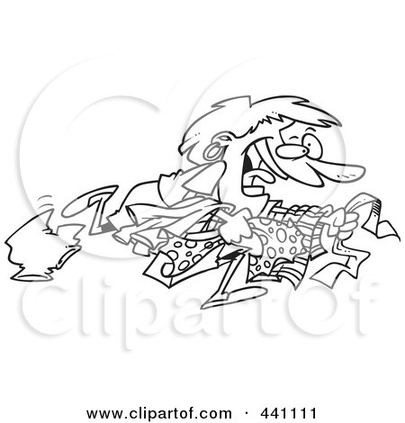 Royalty-Free (RF) Clip Art Illustration of a Cartoon Black And White Outline Design Of A Woman With Clothes On Boxing Day by toonaday