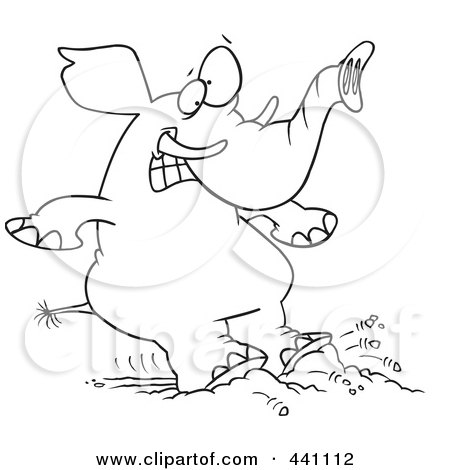 Royalty-Free (RF) Clip Art Illustration of a Cartoon Black And White Outline Design Of An Elephant Braking With His Feet by toonaday