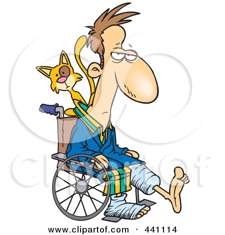 Royalty-Free (RF) Clip Art Illustration of a Cartoon Cat Behind A Man With Broken Limbs In A Wheelchair by toonaday