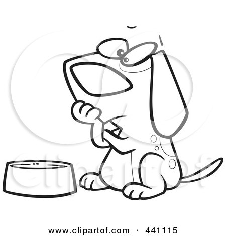 Royalty-Free (RF) Clip Art Illustration of a Cartoon Black And White Outline Design Of A Hungry Dog Watching His Bowl by toonaday